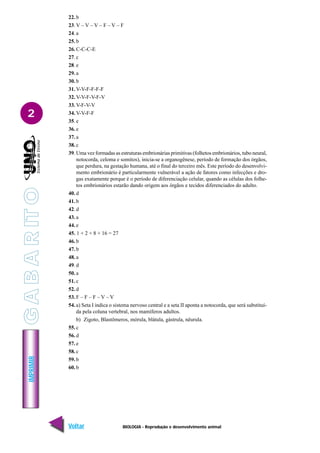 BIOLOGIA - Reprodução e desenvolvimento animal
IMPRIMIR
Voltar Avançar
2
22. b
23. V – V – V – F – V – F
24. a
25. b
26. C-C-C-E
27. c
28. e
29. a
30. b
31. V-V-F-F-F-F
32. V-V-F-V-F-V
33. V-F-V-V
34. V-V-F-F
35. e
36. e
37. a
38. c
39. Uma vez formadas as estruturas embrionárias primitivas (folhetos embrionários, tubo neural,
notocorda, celoma e somitos), inicia-se a organogênese, período de formação dos órgãos,
que perdura, na gestação humana, até o final do terceiro mês. Este período do desenvolvi-
mento embrionário é particularmente vulnerável a ação de fatores como infecções e dro-
gas exatamente porque é o período de diferenciação celular, quando as células dos folhe-
tos embrionários estarão dando origem aos órgãos e tecidos diferenciados do adulto.
40. d
41. b
42. d
43. a
44. e
45. 1 + 2 + 8 + 16 = 27
46. b
47. b
48. a
49. d
50. a
51. c
52. d
53. F – F – F – V – V
54. a) Seta I indica o sistema nervoso central e a seta II aponta a notocorda, que será substituí-
da pela coluna vertebral, nos mamíferos adultos.
b) Zigoto, Blastômeros, mórula, blátula, gástrula, nêurula.
55. c
56. d
57. e
58. c
59. b
60. b
G
A
B
A
R
IT
O
 