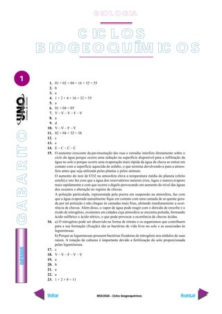 IMPRIMIR
Voltar Avançar
1
G
A
B
A
R
IT
O
BIOLOGIA - Ciclos biogoequímicos
1. 01 + 02 + 04 + 16 + 32 = 55
2. b
3. a
4. 1 + 2 + 4 + 16 + 32 = 55
5. a
6. 01 + 04 = 05
7. V – V – V – F – V
8. a
9. d
10. V – V – F – V
11. 02 + 04 + 32 = 38
12. c
13. e
14. E – C – C – C
15. O aumento crescente da pavimentação das ruas e estradas interfere diretamente sobre o
ciclo da água porque ocorre uma redução na superfície disponível para a infiltração da
água no solo e porque ocorre uma evaporação mais rápida da água da chuva ao entrar em
contato com a superfície aquecida do asfalto, o que termina devolvendo-a para a atmos-
fera antes que seja utilizada pelas plantas e pelos animais.
O aumento do teor de CO2 na atmosfera eleva a temperatura média do planeta (efeito
estufa) e isto faz com que a água dos reservatórios naturais (rios, lagos e mares) evapore
mais rapidamente e com que ocorra o degelo provocando um aumento do nível das águas
dos oceanos e alteração no regime de chuvas.
A poluição particulada, representada pela poeira em suspensão na atmosfera, faz com
que a água evaporada natualmente fique em contato com uma camada de ar quente gera-
da por tal poluição e não chegue às camadas mais frias, afetando imediatamente a ocor-
rência de chuvas. Além disso, o vapor de água pode reagir com o dióxido de enxofre e o
óxido de nitrogênio, existentes em cidades cuja atmosfera se encontra poluída, formando
ácido sulfúrico e ácido nítrico, o que pode provocar a ocorrência de chuvas ácidas.
16. a) O nitrogênio pode ser absorvido na forma de nitrato e os organismos que contribuem
para a sua formação (fixação) são as bactérias de vida livre no solo e as associadas às
leguminosas.
b) Porque as leguminosas possuem bactérias fixadoras de nitrogênio nos nódulos de suas
raízes. A rotação de culturas é importante devido a fertilização do solo proporcionada
pelas leguminosas.
17. c
18. V – V – F – V – V
19. a
20. b
21. a
22. a
23. 1 + 2 + 8 = 11
C IC L O S
B IO GE O Q UÍM IC O S
B IO L O GIA
 