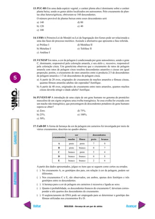 BIOLOGIA - Herança de um par de alelos
IMPRIMIR
Voltar
GABARITO
Avançar
5
13. PUC-RS Em uma dada espécie vegetal, o caráter planta alta é dominante sobre o caráter
planta baixa, sendo os genes alelos localizados em autossomos. Pelo cruzamento de plan-
tas altas heterozigóticas, obtiveram-se 160 descendentes.
O número provável de plantas baixas entre esses descendentes será
a) 140 d) 80
b) 120 e) 40
c) 100
14. UFRS A Primeira Lei de Mendel ou Lei da Segregação dos Genes pode ser relacionada a
uma das fases do processo meiótico. Assinale a alternativa que apresenta a fase referida.
a) Prófase I d) Metáfase II
b) Metafase I e) Telófase II
c) Anáfase I
15. VUNESP Em ratos, a cor da pelagem é condicionada por gene autossômico, sendo o gene
C, dominante, responsável pela coloração amarela, e seu alelo c, recessivo, responsável
pela coloração cinza. Um geneticista observou que o cruzamento de ratos de pelagem
amarela com ratos de pelagem cinza resultou descendentes amarelos e cinzas em igual
proporção; porém, o cruzamento de ratos amarelos entre si produziu 2/3 de descendentes
de pelagem amarela e 1/3 de descendentes de pelagem cinza.
a) A partir de 20 ovos, originados do cruzamento de machos amarelos e fêmeas cinzas,
quantas fêmeas amarelas adultas são esperadas? Justifique.
b) A partir de 40 ovos, originados do cruzamento entre ratos amarelos, quantos machos
cinzas deverão atingir a idade adulta? Justifique.
16. FUVEST-SP A introdução de uma cópia de um gene humano no genoma do pronúcleo
masculino de um zigoto originou uma ovelha transgênica. Se essa ovelha for cruzada com
um macho não-transgênico, que porcentagem de descendentes potadores do gene humano
espera-se obter?
a) Zero. d) 75%.
b) 25%. e) 100%.
c) 50%.
17. UnB-DF A forma de herança da cor da pelagem em carneiros foi investigada por meio de
vários cruzamentos, descritos no quadro abaixo.
A partir dos dados apresentados, julgue os itens que se seguem como certos ou errados.
( ) No cruzamento A, os genótipos dos pais, em relação à cor da pelagem, podem ser
diferentes.
( ) Nos cruzamentos C e E, são observados, em ambos, apenas dois fenótipos e três
genótipos entre os descendentes.
( ) A herança para a cor de pelagem em carneiros é recessiva e ligada ao sexo.
( ) Quanto à probabilidade, os descendentes brancos do cruzamento C deveriam corres-
ponder a três quartos dos descendentes do cruzamento.
( ) O seqüenciamento de DNA pode ser empregado para se determinar o genótipo das
fêmeas utilizadas nos cruzamentos B e D.
cruzamentos
cor descendentes
macho fêmea preto branco
A preto preto 7 0
B preto branco 0 7
C branco preto 5 4
D branco branco 0 8
E branco branco 2 6
 