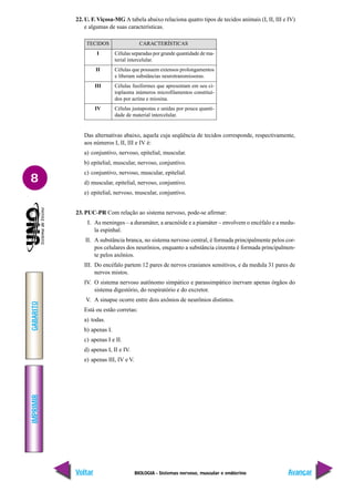 BIOLOGIA - Sistemas nervoso, muscular e endócrino
IMPRIMIR
Voltar
GABARITO
Avançar
8
22. U. F. Viçosa-MG A tabela abaixo relaciona quatro tipos de tecidos animais (I, II, III e IV)
e algumas de suas características.
Das alternativas abaixo, aquela cuja seqüência de tecidos corresponde, respectivamente,
aos números I, II, III e IV é:
a) conjuntivo, nervoso, epitelial, muscular.
b) epitelial, muscular, nervoso, conjuntivo.
c) conjuntivo, nervoso, muscular, epitelial.
d) muscular, epitelial, nervoso, conjuntivo.
e) epitelial, nervoso, muscular, conjuntivo.
23. PUC-PR Com relação ao sistema nervoso, pode-se afirmar:
I. As meninges – a duramáter, a aracnóide e a piamáter – envolvem o encéfalo e a medu-
la espinhal.
II. A substância branca, no sistema nervoso central, é formada principalmente pelos cor-
pos celulares dos neurônios, enquanto a substância cinzenta é formada principalmen-
te pelos axônios.
III. Do encéfalo partem 12 pares de nervos cranianos sensitivos, e da medula 31 pares de
nervos mistos.
IV. O sistema nervoso autônomo simpático e parassimpático inervam apenas órgãos do
sistema digestório, do respiratório e do excretor.
V. A sinapse ocorre entre dois axônios de neurônios distintos.
Está ou estão corretas:
a) todas.
b) apenas I.
c) apenas I e II.
d) apenas I, II e IV.
e) apenas III, IV e V.
TECIDOS CARACTERÍSTICAS
I Células separadas por grande quantidade de ma-
terial intercelular.
II Células que possuem extensos prolongamentos
e liberam substâncias neurotransmissoras.
III Células fusiformes que apresentam em seu ci-
toplasma inúmeros microfilamentos constituí-
dos por actina e miosina.
IV Células justapostas e unidas por pouca quanti-
dade de material intercelular.
 