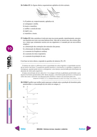 BIOLOGIA - Sistemas nervoso, muscular e endócrino
IMPRIMIR
Voltar
GABARITO
Avançar
10
26. Unifor-CE As figuras abaixo esquematizam apêndices de dois animais.
I e II podem ser, respectivamente, apêndices de
a) caranguejo e aranha.
b) inseto e mamífero.
c) anfíbio e estrela-do-mar.
d) réptil e ave.
e) mamífero e inseto.
27. Unifor-CE João caminhava à noite por uma rua escura quando, repentinamente, uma pes-
soa iluminou seu rosto com uma lanterna forte. João não se mexeu mas, dos eventos abai-
xo, o único que certamente ocorreu em seu organismo e é causado por um arco-reflexo
simples é
a) a diminuição das contrações dos músculos das pernas.
b) a diminuição do diâmetro das pupilas.
c) o aumento da freqüência cardíaca.
d) o aumento do ritmo respiratório.
e) o aumento da produção de suor.
Com base no texto abaixo, responda às questões de números 28 e 29.
O balanço de cálcio é a diferença entre a quantidade de cálcio ingerida e a quantidade excreta-
da na urina e nas fezes. É usualmente positivo durante o crescimento e a gravidez e negativo na
menopausa, quando pode ocorrer a osteoporose, uma doença caracterizada pela diminuição da
absorção de cálcio pelo organismo.
A baixa concentração de íon cálcio (Ca++
) no sangue estimula as glândulas paratireóides a pro-
duzirem hormônio paratireóideo (HP). Nesta situação, o hormônio pode promover a remoção de
cálcio dos ossos, aumentar sua absorção pelo intestino e reduzir sua excreção pelos rins.
(Adaptado de ALBERTS, B. et al. Biologia Molecular da Célula. Porto Alegre: Artes Médicas, 1997.)
28. UERJ O gráfico que melhor pode expressar a relação entre a produção do hormônio pelas
paratireóides e a concentração de íon cálcio no sangue, é:
a)
b)
c)
d)
 
