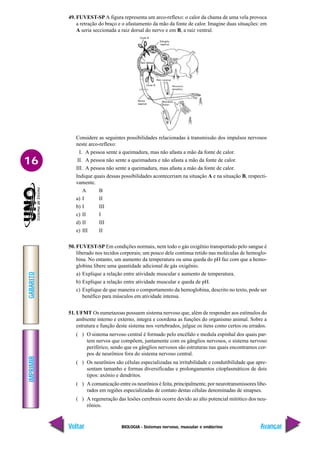BIOLOGIA - Sistemas nervoso, muscular e endócrino
IMPRIMIR
Voltar
GABARITO
Avançar
16
49. FUVEST-SP A figura representa um arco-reflexo: o calor da chama de uma vela provoca
a retração do braço e o afastamento da mão da fonte de calor. Imagine duas situações: em
A seria seccionada a raiz dorsal do nervo e em B, a raiz ventral.
Considere as seguintes possibilidades relacionadas à transmissão dos impulsos nervosos
neste arco-reflexo:
I. A pessoa sente a queimadura, mas não afasta a mão da fonte de calor.
II. A pessoa não sente a queimadura e não afasta a mão da fonte de calor.
III. A pessoa não sente a queimadura, mas afasta a mão da fonte de calor.
Indique quais dessas possibilidades aconteceriam na situação A e na situação B, respecti-
vamente.
A B
a) I II
b) I III
c) II I
d) II III
e) III II
50. FUVEST-SP Em condições normais, nem todo o gás oxigênio transportado pelo sangue é
liberado nos tecidos corporais; um pouco dele continua retido nas moléculas de hemoglo-
bina. No entanto, um aumento da temperatura ou uma queda do pH faz com que a hemo-
globina libere uma quantidade adicional de gás oxigênio.
a) Explique a relação entre atividade muscular e aumento de temperatura.
b) Explique a relação entre atividade muscular e queda de pH.
c) Explique de que maneira o comportamento da hemoglobina, descrito no texto, pode ser
benéfico para músculos em atividade intensa.
51. UFMT Os eumetazoas possuem sistema nervoso que, além de responder aos estímulos do
ambiente interno e externo, integra e coordena as funções do organismo animal. Sobre a
estrutura e função deste sistema nos vertebrados, julgue os itens como certos ou errados.
( ) O sistema nervoso central é formado pelo encéfalo e medula espinhal dos quais par-
tem nervos que compõem, juntamente com os gânglios nervosos, o sistema nervoso
periférico, sendo que os gânglios nervosos são estruturas nas quais encontramos cor-
pos de neurônios fora do sistema nervoso central.
( ) Os neurônios são células especializadas na irritabilidade e condutibilidade que apre-
sentam tamanho e formas diversificadas e prolongamentos citoplasmáticos de dois
tipos: axônio e dendritos.
( ) A comunicação entre os neurônios é feita, principalmente, por neurotransmissores libe-
rados em regiões especializadas de contato destas células denominadas de sinapses.
( ) A regeneração das lesões cerebrais ocorre devido ao alto potencial mitótico dos neu-
rônios.
 