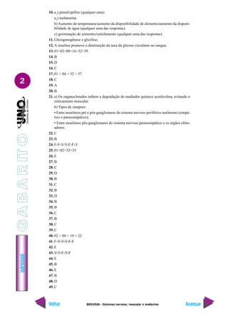 IMPRIMIR
Voltar Avançar
2
BIOLOGIA - Sistemas nervoso, muscular e endócrino
10. a1
) pineal/epífise (qualquer uma)
a2
) melatonina
b) Aumento de temperatura/aumento da disponibilidade de alimento/aumento da disponi-
bilidade de água (qualquer uma das respostas).
c) germinação de sementes/estiolamento (qualquer uma das respostas).
11. Glicogenogênese e glicólise.
12. A insulina promove a diminuição da taxa de glicose circulante no sangue.
13. 01+02+08+16+32=59
14. B
15. D
16. C
17. 01 + 04 + 32 = 37
18. C
19. A
20. B
21. a) Os organoclorados inibem a degradação do mediador químico acetilcolina, evitando o
relaxamento muscular.
b) Tipos de sinapses:
• Entre neurônios pré e pós-ganglionares do sistema nervoso periférico autônomo (simpá-
tico e parassimpático);
• Entre neurônios pós-ganglionares do sistema nervoso parassimpático e os órgãos efetu-
adores.
22. C
23. B
24. F-F-V-V-F-F-V
25. 01+02+32=35
26. E
27. B
28. C
29. D
30. B
31. C
32. B
33. D
34. B
35. B
36. C
37. B
38. C
39. C
40. 02 + 04 + 16 = 22
41. F-V-V-V-F-F
42. E
43. V-V-F-V-F
44. E
45. B
46. E
47. B
48. D
49. C
G
A
B
A
R
IT
O
 