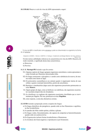 BIOLOGIA - Organismos primitivos
IMPRIMIR
Voltar
GABARITO
Avançar
4
10. UFR-RJ Observe o ciclo do vírus da AIDS representado a seguir:
Degradação do
RNA viral
Síntese da
segunda fita de
DNA viral
Vírus
livre
Membrana
lipoprotéica
viral
Proteínas do
envoltório viral
Membrana
plasmática
Receptores de
membrana
Capsídeo
RNA
viral
Transcriptase
reversa
DNA
viral
Carioteca
RNA
viral
Proteínas
virais
1
2
3
4
5
6
Núcleo
DNA cromossômico
Provírus
7
8
9
10
11
“O vírus da AIDS é classificado como retrovírus e pode ser disseminado no organismo na forma
de um provírus”.
Adaptado de AMABIS, J. Mariano e MARTHO, G. Rodrigues. Fundamentos da Biologia Moderna. São Paulo, Moderna,
1999, p. 215.
Os dois termos sublinhados referem-se às características do vírus da AIDS. Descreva, de
modo resumido, o significado destas duas características.
a) Retrovírus:
b) Provírus:
11. U. E. Maringá-PR Assinale o que for correto:
01) Algumas espécies de fungos agrupam organismos unicelulares e outras apresentam o
corpo formado por filamentos denominados hifas.
02) Os fungos armazenam o glicogênio e o amido como substâncias de reserva, do mes-
mo modo como fazem as algas.
04) Os protozoários assemelham-se aos animais quanto à organização interna de suas
células e quanto à nutrição heterotrófica, porém são unicelulares.
08) Bactérias e cianobactérias (algas azuis) são organismos procariontes pertencentes ao
reino Monera.
16) Alguns grupos de algas, como as feofíceas e as rodofíceas, são organismos eucarion-
tes vasculares desprovidos de cloroplastos.
32) As clorofíceas e as euglenas são organismos eucariontes clorofilados que se movi-
mentam por flagelos. Por isso, pertencem ao reino Flagellata.
Dê, como resposta, a soma das alternativas corretas.
12. UEMS Assinale a proposição correta a respeito dos fungos:
a) Os fungos dimórficos são patogênicos, quando estão na fase filamentosa e sapróbios,
na fase leveduriforme.
b) As paredes das hifas contêm quitina, celulose e glicana.
c) Os fungos verdes, fotossintetizantes, são capazes de comportar-se heterotroficamente
quando estão em ausência de luz.
d) Os Zygomycetes incluem formas leveduriformes e filamentosas.
e) As leveduras são Gram-negativas e reproduzem-se por brotamento.
 