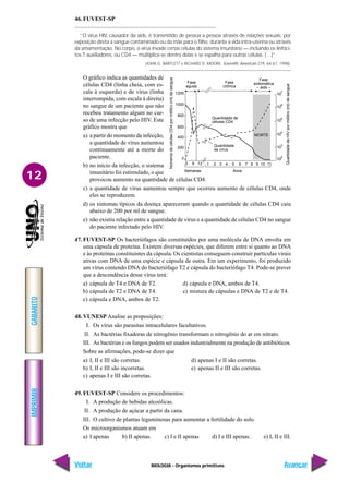 BIOLOGIA - Organismos primitivos
IMPRIMIR
Voltar
GABARITO
Avançar
12
46. FUVEST-SP
“O vírus HIV, causador da aids, é transmitido de pessoa a pessoa através de relações sexuais, por
exposição direta a sangue contaminado ou da mãe para o filho, durante a vida intra-uterina ou através
da amamentação. No corpo, o vírus invade certas células do sistema imunitário — incluindo os linfóci-
tos T auxiliadores, ou CD4 — multiplica-se dentro delas e se espalha para outras células. […]”
(JOHN G. BARTLETT e RICHARD D. MOORE. Scientific American 279, 64-67, 1998).
O gráfico indica as quantidades de
células CD4 (linha cheia, com es-
cala à esquerda) e de vírus (linha
interrompida, com escala à direita)
no sangue de um paciente que não
recebeu tratamento algum no cur-
so de uma infecção pelo HIV. Este
gráfico mostra que
a) a partir do momento da infecção,
a quantidade de vírus aumentou
continuamente até a morte do
paciente.
b) no início da infecção, o sistema
imunitário foi estimulado, o que
provocou aumento na quantidade de células CD4.
c) a quantidade de vírus aumentou sempre que ocorreu aumento de células CD4, onde
eles se reproduzem.
d) os sintomas típicos da doença apareceram quando a quantidade de células CD4 caiu
abaixo de 200 por ml de sangue.
e) não existiu relação entre a quantidade de vírus e a quantidade de células CD4 no sangue
do paciente infectado pelo HIV.
47. FUVEST-SP Os bacteriófagos são constituídos por uma molécula de DNA envolta em
uma cápsula de proteína. Existem diversas espécies, que diferem entre si quanto ao DNA
e às proteínas constituintes da cápsula. Os cientistas conseguem construir partículas virais
ativas com DNA de uma espécie e cápsula de outra. Em um experimento, foi produzido
um vírus contendo DNA do bacteriófago T2 e cápsula do bacteriófago T4. Pode-se prever
que a descendência desse vírus terá:
a) cápsula de T4 e DNA de T2. d) cápsula e DNA, ambos de T4.
b) cápsula de T2 e DNA de T4. e) mistura de cápsulas e DNA de T2 e de T4.
c) cápsula e DNA, ambos de T2.
48. VUNESP Analise as proposições:
I. Os vírus são parasitas intracelulares facultativos.
II. As bactérias fixadoras de nitrogênio transformam o nitrogênio do ar em nitrato.
III. As bactérias e os fungos podem ser usados industrialmente na produção de antibióticos.
Sobre as afirmações, pode-se dizer que
a) I, II e III são corretas. d) apenas I e II são corretas.
b) I, II e III são incorretas. e) apenas II e III são corretas.
c) apenas I e III são corretas.
49. FUVEST-SP Considere os procedimentos:
I. A produção de bebidas alcoólicas.
II. A produção de açúcar a partir da cana.
III. O cultivo de plantas leguminosas para aumentar a fertilidade do solo.
Os microorganismos atuam em
a) I apenas b) II apenas. c) I e II apenas d) I e III apenas. e) I, II e III.
MORTE
Quantidade de
células CD4
Quantidade
de vírus
Fase
aguda
Fase
crônica
Fase
sintomática
– aids –
0
Anos
6 12 1 2 3 4 5 6 7 8 9 10 11
1200
1000
800
600
400
200
0 10
2
10
3
10
4
10
5
10
6
10
7
Números
de
células
CD4
por
mililitro
(ml)
de
sangue
Quantidade
de
HIV
por
mililitro
(ml)
de
sangue
Semanas
 