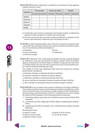 BIOLOGIA - Organismos primitivos
IMPRIMIR
Voltar
GABARITO
Avançar
13
50. FUVEST-SP Preencha a tabela abaixo, assinalando as características de cada organismo
indicado na primeira coluna:
a) Usando todas e tão somente as características mencionadas na tabela, escolha dois dos
organismos citados que podem ser incluídos num mesmo grupo.
b) Cite uma característica não mencionada na tabela que diferencie as categorias taxonô-
micas às quais pertencem os organismos que você agrupou no item a.
51. FEI-SP As células bacterianas podem conter, além de seu cromossomo, pequenas molé-
culas de DNA que, geralmente, têm genes que conferem às bactérias resistência a antibió-
ticos. Essas moléculas de DNA são chamadas de:
a) Plasmídeos d) Clone
b) Fago recombinante e) Transgênicos
c) Enzima de restrição
52. PUC-SP Na década de 1920, o bacteriologista Alexander Fleming, cultivando linhagens
de estafilococos, notou que uma das placas de cultura, contendo colônias de bactérias,
apareceu contaminada por um tipo de fungo. Ao transferir o fungo para um caldo nutriti-
vo, Fleming verificou que nesse meio não se desenvolviam vários tipos de bactérias, devi-
do à ação de substâncias produzidas pelo fungo.
Esse trabalho foi um dos mais significativos deste século, pois permitiu aos cientistas,
posteriormente, a produção de
a) hormônios, utilizados no tratamento de doenças hereditárias.
b) corticóides, utilizados no tratamento de doenças alérgicas.
c) antibióticos, utilizados no tratamento de doenças infecciosas.
d) vacinas, utilizadas na imunização de doenças causadas por fungos e bactérias.
e) soros, utilizados na imunização de doenças causadas por fungos e bactérias.
53. FUVEST-SP Existe um número muito grande de substâncias com funções antibióticas.
Essas substâncias diferem quanto à maneira pela qual interferem no metabolismo celular.
Assim, a tetraciclina liga-se aos ribossomos e impede a ligação do RNA transportador; a
mitomicina inibe a ação da polimerase do DNA e a estreptomicina causa erros na leitura
dos códons do RNA mensageiro. Essas informações permitem afirmar que
I. a tetraciclina impede a transcrição e leva a célula bacteriana à morte por falta de RNA
mensageiro.
II. a mitomicina, por inibir a duplicação do DNA, impede a multiplicação da célula bac-
teriana.
III. a estreptomicina interfere na tradução e leva a célula bacteriana a produzir proteínas
defeituosas.
Das afirmativas acima,
a) apenas I é correta. d) apenas I e III são corretas.
b) apenas I e II são corretas. e) I, II e III são corretas.
c) apenas II e III são corretas.
Tipo de célula Número de células Nutrição
Organismo
Bactéria
Paramécio
Anêmona
Cogumelo
Briófita
Heterótrofo
Autótrofo
Pluricelular
Unicelular
Eucarionte
Procarionte
 