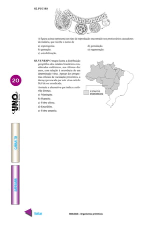 BIOLOGIA - Organismos primitivos
IMPRIMIR
Voltar
GABARITO
Avançar
20
82. PUC-RS
A figura acima representa um tipo de reprodução encontrado nos protozoários causadores
da malária, que recebe o nome de
a) esporogonia. d) gemulação.
b) gemação. e) regeneração.
c) estrobilização.
83. VUNESP O mapa ilustra a distribuição
geográfica dos estados brasileiros con-
siderados endêmicos, nos últimos dez
anos, com relação à ocorrência de um
determinado vírus. Apesar dos progra-
mas oficiais de vacinação preventiva, a
doença provocada por este vírus está di-
fícil de ser erradicada.
Assinale a alternativa que indica a refe-
rida doença.
a) Meningite.
b) Hepatite.
c) Febre aftosa.
d) Encefalite.
e) Febre amarela.
ESTADOS
ENDÊMICOS
 