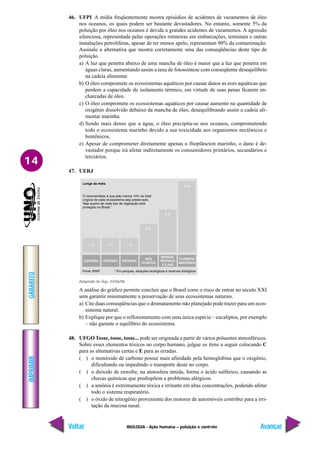 IMPRIMIR
Voltar
GABARITO
Avançar
14
BIOLOGIA - Ação humana – poluição e controle
46. UFPI A mídia freqüentemente mostra episódios de acidentes de vazamentos de óleo
nos oceanos, os quais podem ser bastante devastadores. No entanto, somente 5% da
poluição por óleo nos oceanos é devida a grandes acidentes de vazamentos. A agressão
silenciosa, representada pelas operações rotineiras em embarcações, terminais e outras
instalações petrolíferas, apesar de ter menos apelo, representam 90% da contaminação.
Assinale a alternativa que mostra corretamente uma das conseqüências deste tipo de
poluição.
a) A luz que penetra abaixo de uma mancha de óleo é maior que a luz que penetra em
águas claras, aumentando assim a taxa de fotossíntese com conseqüente desequilíbrio
na cadeia alimentar.
b) O óleo compromete os ecossistemas aquáticos por causar danos as aves aquáticas que
perdem a capacidade de isolamento térmico, em virtude de suas penas ficarem en-
charcadas de óleo.
c) O óleo compromete os ecossistemas aquáticos por causar aumento na quantidade de
oxigênio dissolvido debaixo da mancha de óleo, desequilibrando assim a cadeia ali-
mentar marinha.
d) Sendo mais denso que a água, o óleo precipita-se nos oceanos, comprometendo
todo o ecossistema marinho devido a sua toxicidade aos organismos nectônicos e
bentônicos.
e) Apesar de comprometer diretamente apenas o fitoplâncton marinho, o dano é de-
vastador porque irá afetar indiretamente os consumidores primários, secundários e
terciários.
47. UERJ
Adaptado de Veja. 03/06/98.
A análise do gráfico permite concluir que o Brasil corre o risco de entrar no século XXI
sem garantir minimamente a preservação de seus ecossistemas naturais.
a) Cite duas conseqüências que o desmatamento não planejado pode trazer para um ecos-
sistema natural.
b) Explique por que o reflorestamento com uma única espécie – eucaliptos, por exemplo
– não garante o equilíbrio do ecossistema.
48. UFGO Tosse, tosse, tosse... pode ser originada a partir de vários poluentes atmosféricos.
Sobre esses elementos tóxicos no corpo humano, julgue os itens a seguir colocando C
para as alternativas certas e E para as erradas.
( ) o monóxido de carbono possui mais afinidade pela hemoglobina que o oxigênio,
dificultando ou impedindo o transporte deste no corpo.
( ) o dióxido de enxofre, na atmosfera úmida, forma o ácido sulfúrico, causando as
chuvas químicas que predispõem a problemas alérgicos.
( ) a amônia é extremamente tóxica e irritante em altas concentrações, podendo afetar
todo o sistema respiratório.
( ) o óxido de nitrogênio proveniente dos motores de automóveis contribui para a irri-
tação da mucosa nasal.
 