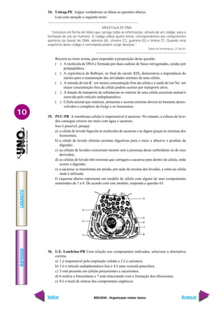 IMPRIMIR
Voltar
GABARITO
Avançar
10
BIOLOGIA - Organização celular básica
34. Unicap-PE Julgue verdadeiras ou falsas as questões abaixo.
Leia com atenção o seguinte texto:
MOLÉCULA DE DNA
“Estrutura em forma de hélice que carrega todas as informações, através de um código, para a
formação de um ser humano. O código utiliza quatro letras, correspondentes aos componentes
químicos (as bases) do DNA: adenina (A), citosina (C), guanina (G) e timina (T). Quando uma
seqüência desse código é corrompida podem surgir doenças.”
Diário de Pernambuco, 27.06.00.
Recorra ao texto acima, para responder à proposição desta questão.
( ) A molécula de DNA é formada por duas cadeias de bases nitrogenadas, unidas por
polipeptídeos.
( ) A experiência de Balbiani, no final do século XIX, demonstrou a importância do
núcleo para a manutenção das atividades normais de uma célula.
( ) A entrada do íon K+
em menor concentração fora da célula e a saída do íon Na+
em
maior concentração fora da célula podem ocorrer por transporte ativo.
( ) A função de transporte de substâncias no interior de uma célula eucariota animal é
exercida pelo retículo endoplasmático.
( ) Célula animal que sintetiza, armazena e secreta enzimas deverá ter bastante desen-
volvidos o complexo de Golgi e os lisossomos.
35. PUC-PR A membrana celular é impermeável à sacarose. No entanto, a cultura de leve-
dos consegue crescer em meio com água e sacarose.
Isso é possível, porque:
a) a célula de levedo fagocita as moléculas de sacarose e as digere graças às enzimas dos
lisossomos;
b) a célula de levedo elimina enzimas digestivas para o meio e absorve o produto da
digestão;
c) as células de levedos cresceriam mesmo sem a presença desse carboidrato ou de seus
derivados;
d) as células de levedo têm enzimas que carregam a sacarose para dentro da célula, onde
ocorre a digestão;
e) a sacarose se transforma em amido, por ação de enzima dos levedos, e entra na célula
onde é utilizada.
O esquema abaixo representa um modelo de célula com alguns de seus componentes
numerados de 1 a 8. De acordo com este modelo, responda a questão 63.
36. U.E. Londrina-PR Com relação aos componentes indicados, selecione a alternativa
correta.
a) 1 é responsável pela respiração celular e 2 é a carioteca.
b) 3 é o retículo endoplasmático liso e 4 é uma vesícula pinocítica.
c) 5 está presente em células procariontes e eucariontes.
d) 6 realiza a fotossíntese e 7 está relacionado com a formação dos ribossomas.
e) 8 é o local de síntese dos componentes orgânicos.
 