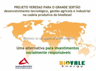 PROJETO VEREDAS PARA O GRANDE SERTÃO
desenvolvimento tecnológico, gestão agrícola e industrial
           na cadeia produtiva do biodiesel




        Uma alternativa para investimentos
            socialmente responsáveis