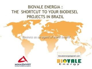 BIOVALE ENERGIA :
THE SHORTCUT TO YOUR BIODIESEL
PROJECTS IN BRAZIL
www.biovale.teiaslive.net
biovaleenergia@gmail.com
 