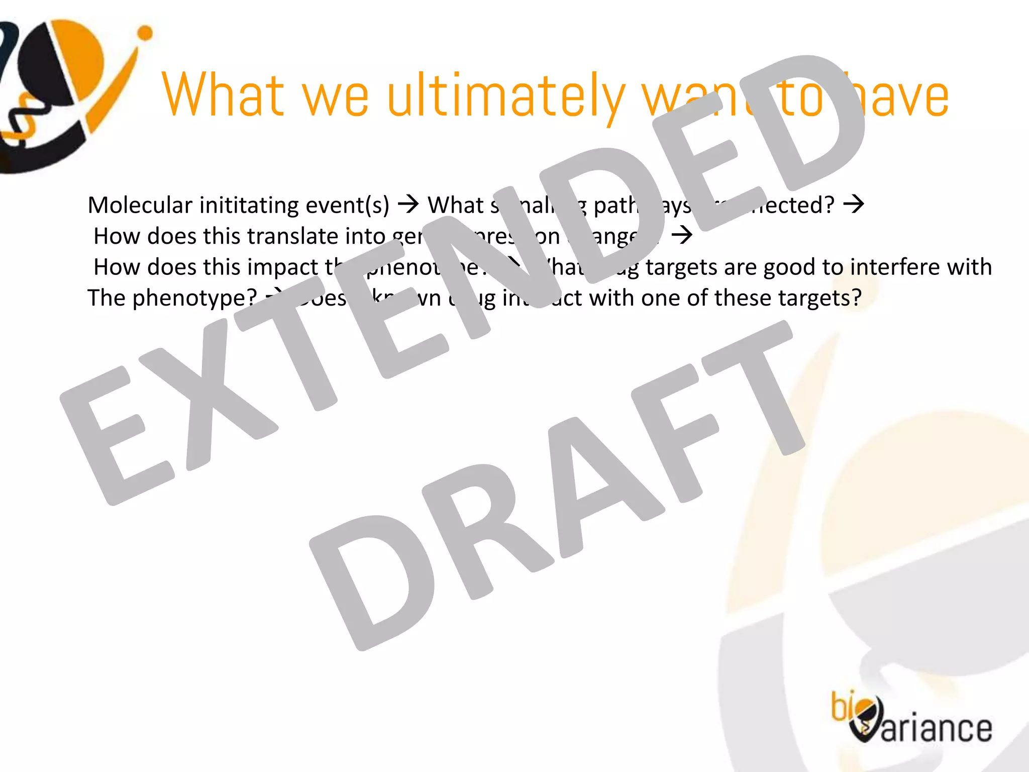 What we ultimately want to have
Molecular inititating event(s)  What signalling pathways are affected? 
How does this translate into gene expression changes? 
How does this impact the phenotype?  What drug targets are good to interfere with
The phenotype?  Does a known drug interact with one of these targets?
 