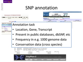 SNP annotation
Annotation task
• Location, Gene, Transcript
• Present in public databases, dbSNP, etc
• Frequency in e.g. ...