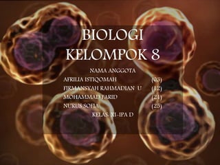 BIOLOGI
KELOMPOK 8
NAMA ANGGOTA
AFRILIA ISTIQOMAH (03)
FIRMANSYAH RAHMADIAN U (12)
MOHAMMAD FARID (21)
NURUS SOFIA (25)
KELAS: XI-IPA D
 