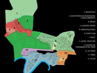 1- RECEPTIVO
        1
                                       2- ESCRITÓRIO DE ENGENHARIA
                                                    E MEIO AMBIENTE
                2                                          3- HÍPICA
            3
                                                   4- CENTRO HÍPICO
    5
4                                                5- ARENA MULTIUSO

                                                       6- STAR CLUB
                                       7                    7- GOLF

                          8                      8- HOTEL TWIST INN

                                                     9- CENTRO DE
                          6                  TREINAMENTO DE TÊNIS
                12                                     10- UP TOWN
                                  10
                                                          11- TÊNIS

                              9                           12- FLY-IN
                     11
 