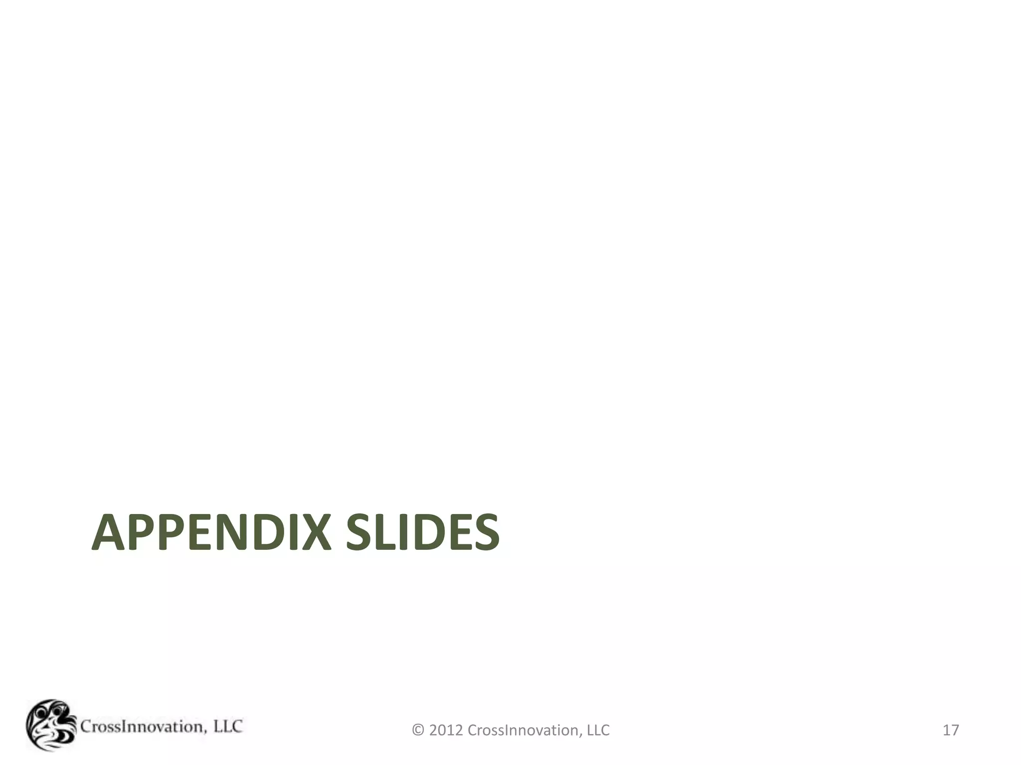 APPENDIX SLIDES


           © 2012 CrossInnovation, LLC   17
 