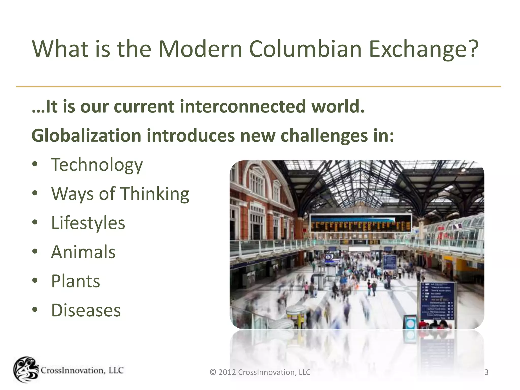 What is the Modern Columbian Exchange?

…It is our current interconnected world.
Globalization introduces new challenges in:
• Technology
• Ways of Thinking
• Lifestyles
• Animals
• Plants
• Diseases

                     © 2012 CrossInnovation, LLC   3
 