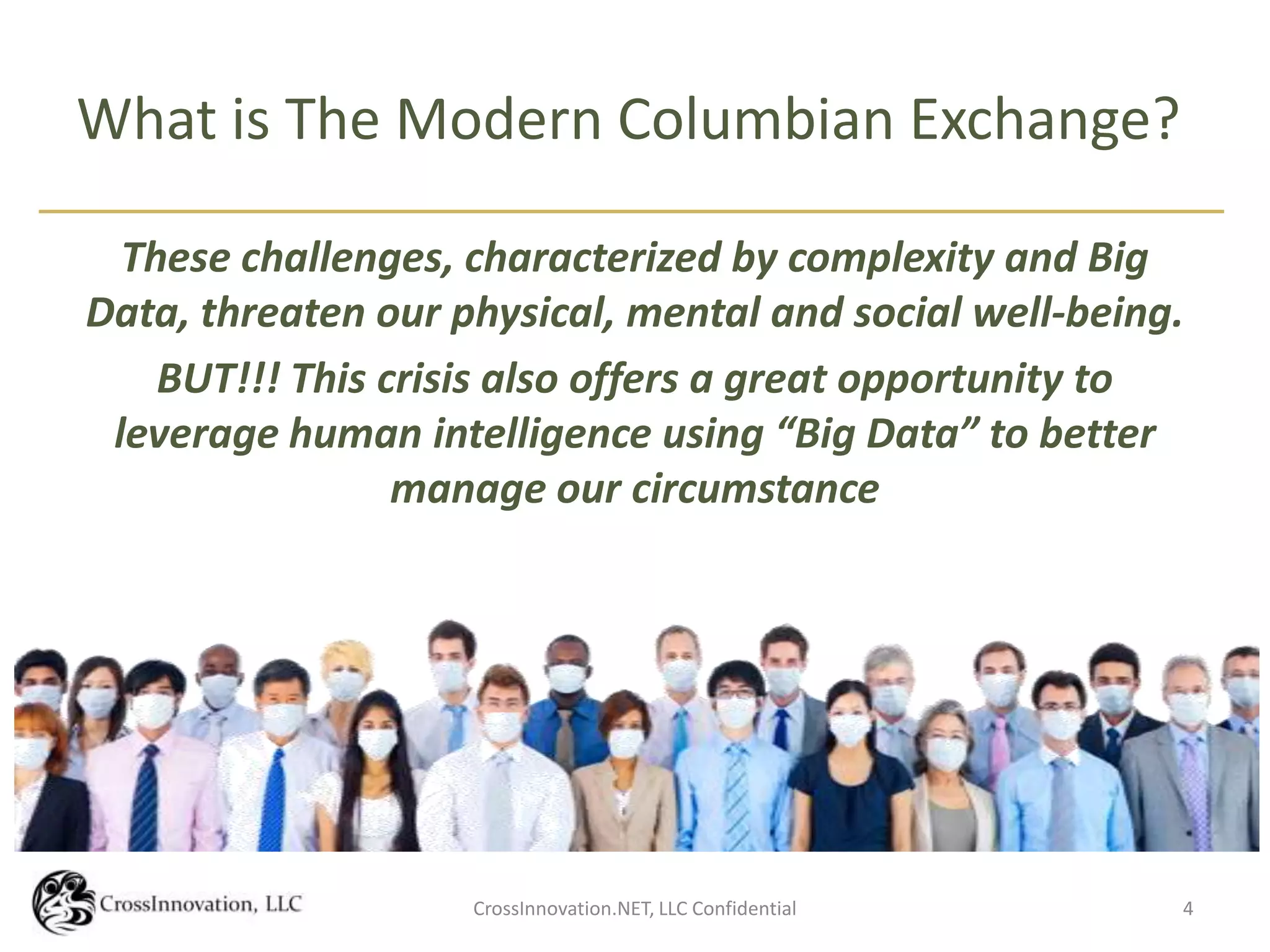 What is The Modern Columbian Exchange?

  These challenges, characterized by complexity and Big
Data, threaten our physical, mental and social well-being.
    BUT!!! This crisis also offers a great opportunity to
 leverage human intelligence using “Big Data” to better
                 manage our circumstance




                    CrossInnovation.NET, LLC Confidential   4
 