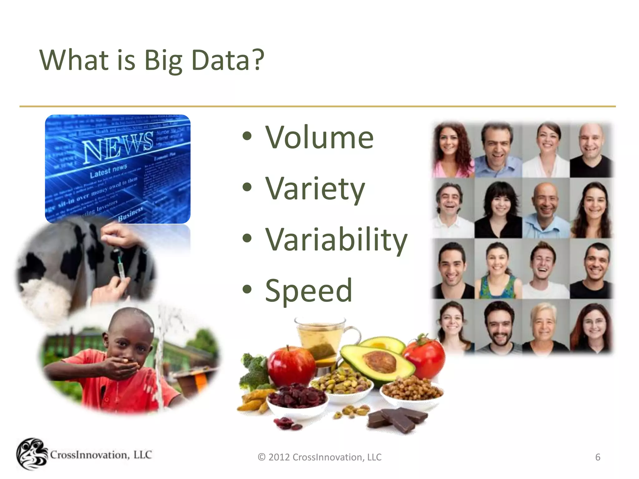 What is Big Data?

               •    Volume
               •    Variety
               •    Variability
               •    Speed



                   © 2012 CrossInnovation, LLC   6
 