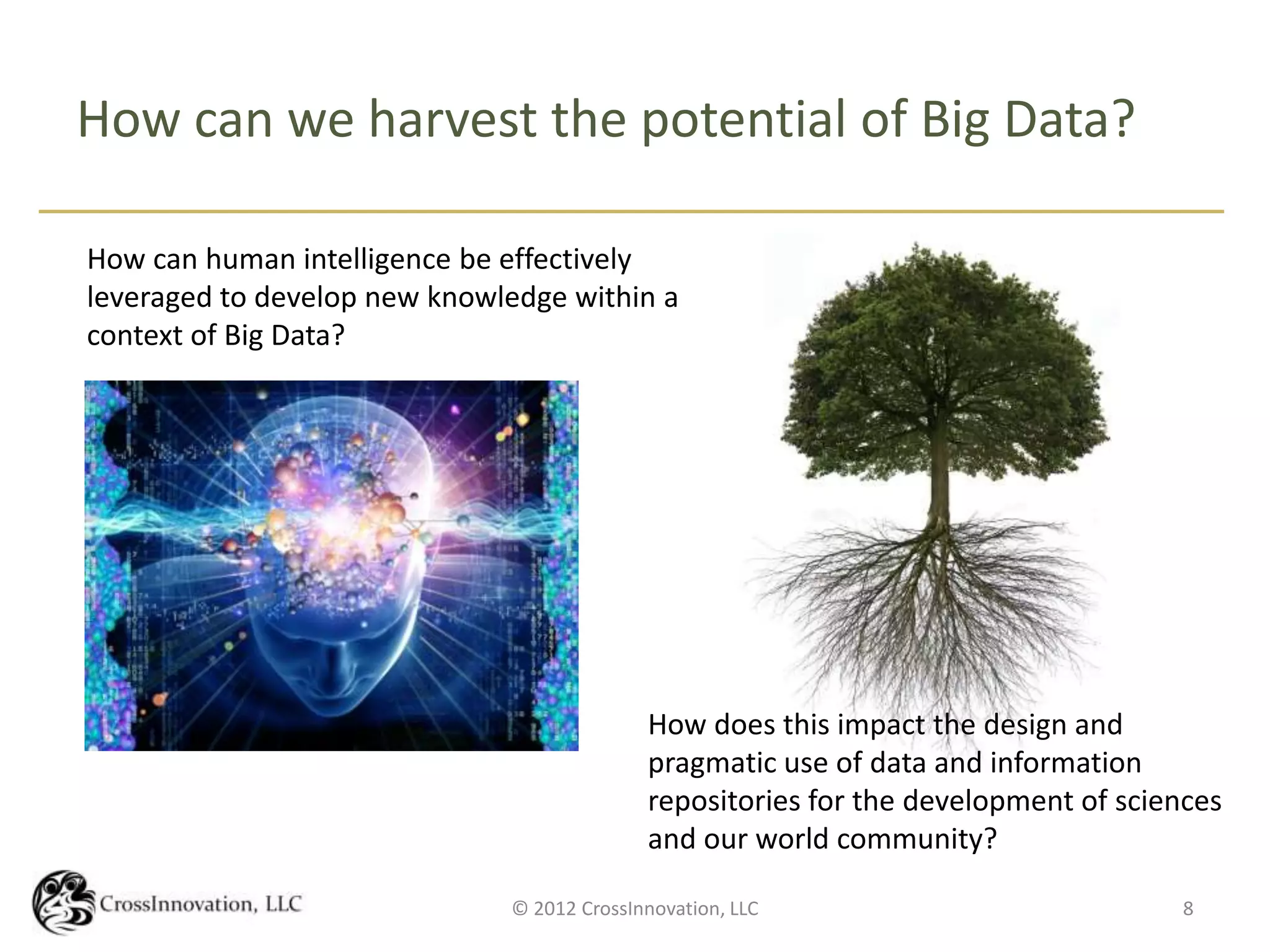 How can we harvest the potential of Big Data?

How can human intelligence be effectively
leveraged to develop new knowledge within a
context of Big Data?




                                            How does this impact the design and
                                            pragmatic use of data and information
                                            repositories for the development of sciences
                                            and our world community?

                              © 2012 CrossInnovation, LLC                            8
 