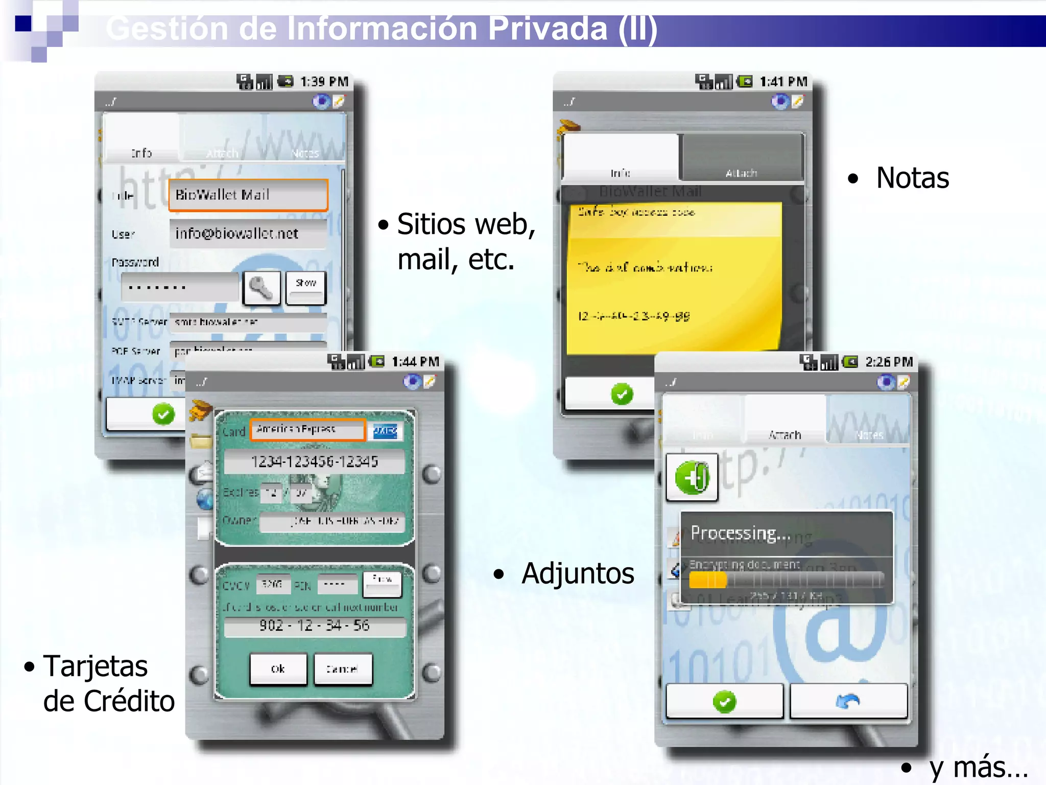 Tarjetas de Crédito Notas Sitios web, mail, etc. y más… Adjuntos Gestión de Información Privada (II) 
