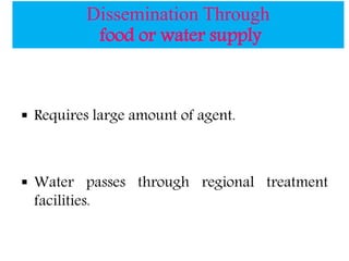Dissemination Through
food or water supply
 Requires large amount of agent.
 Water passes through regional treatment
facilities.
 