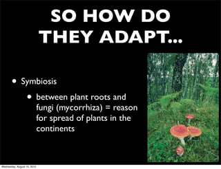 SO HOW DO
                             THEY ADAPT...

       • Symbiosis
          • between plant roots and
                             fungi (mycorrhiza) = reason
                             for spread of plants in the
                             continents



Wednesday, August 15, 2012
 