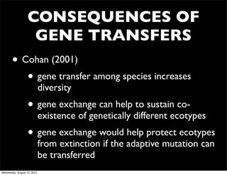 CONSEQUENCES OF
                    GENE TRANSFERS
       • Cohan (2001)
          • gene transfer among species increases
                             diversity
                   • gene exchange can help to sustain co-
                             existence of genetically different ecotypes
                   • gene exchange would help protect ecotypes
                             from extinction if the adaptive mutation can
                             be transferred
Wednesday, August 15, 2012
 