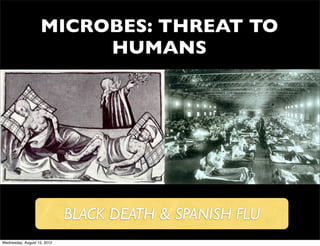 MICROBES: THREAT TO
                        HUMANS




                             BLACK DEATH & SPANISH FLU
Wednesday, August 15, 2012
 