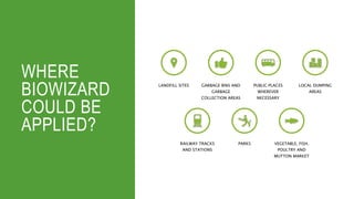 WHERE
BIOWIZARD
COULD BE
APPLIED?
LANDFILL SITES GARBAGE BINS AND
GARBAGE
COLLECTION AREAS
PUBLIC PLACES
WHEREVER
NECESSARY
LOCAL DUMPING
AREAS
RAILWAY TRACKS
AND STATIONS
PARKS VEGETABLE, FISH,
POULTRY AND
MUTTON MARKET
 