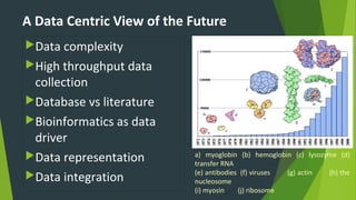 A Data Centric View of the Future
Data complexity
High throughput data
collection
Database vs literature
Bioinformatics as data
driver
Data representation
Data integration
a) myoglobin (b) hemoglobin (c) lysozyme (d)
transfer RNA
(e) antibodies (f) viruses (g) actin (h) the
nucleosome
(i) myosin (j) ribosome
 