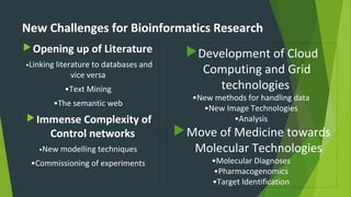 New Challenges for Bioinformatics Research
Opening up of Literature
•Linking literature to databases and
vice versa
•Text Mining
•The semantic web
Immense Complexity of
Control networks
•New modelling techniques
•Commissioning of experiments
Development of Cloud
Computing and Grid
technologies
•New methods for handling data
•New Image Technologies
•Analysis
Move of Medicine towards
Molecular Technologies
•Molecular Diagnoses
•Pharmacogenomics
•Target Identification
 
