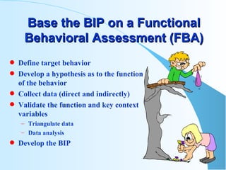 Base the BIP on a Functional Behavioral Assessment   (FBA) Define target behavior Develop a hypothesis as to the function of the behavior Collect data   (direct and indirectly)  Validate the function and key context variables Triangulate data Data analysis Develop the BIP 