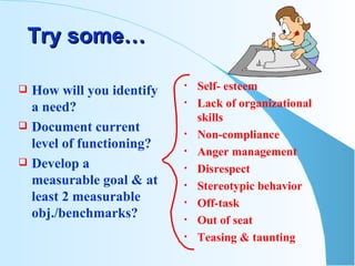 Try some… How will you identify a need? Document current level of functioning? Develop a measurable goal & at least 2 measurable obj./benchmarks? Self- esteem Lack of organizational skills Non-compliance Anger management Disrespect Stereotypic behavior Off-task Out of seat Teasing & taunting 