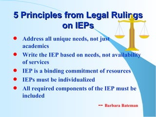 5 Principles from Legal Rulings on IEPs Address all unique needs, not just  academics Write the IEP based on needs, not availability of services IEP is a binding commitment of resources IEPs must be individualized All required components of the IEP must be included   --  Barbara Bateman 