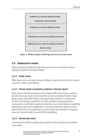 Foreword




          Figure 1. Different types of offerings built on top of each other



1.5 Deployment models
There are terms that define the type of person to whom a particular service is
deployed (whether SaaS, PaaS or IaaS):


1.5.1  Public cloud
Most cloud services are used by anyone willing to acquire them, and this is what is
meant by a ‘public cloud’ offering.


1.5.2  Private cloud (sometimes called an ‘internal cloud’)
Some aspects of cloud computing can be adopted without involving an external
provider. A private cloud is when cloud-like services are deployed within a large
group, say, by a dedicated service company providing software or infrastructure
services remotely that is useable by any of the members of that group. Some
commentators would add a requirement that there must also be dynamic availability
(depending on demand) of applications or resources before the offering is truly a
private cloud. For some organizations, a private cloud may initially be a stepping
stone on a transition path to use of a full cloud offering.


1.5.3  Community cloud
A cloud service used by a specific group of persons (the members of a particular
community).

             This is a sample chapter from Cloud Computing: A Practical Introduction to the Legal Issues.         7
             To read more and buy, visit http://shop.bsigroup.com/BIP0117
             © BSI British Standards Institution
 