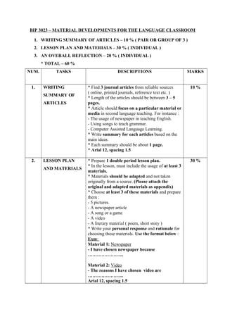 BIP 3023 – MATERIAL DEVELOPMENTS FOR THE LANGUAGE CLASSROOM
1. WRITING SUMMARY OF ARTICLES – 10 % ( PAIR OR GROUP OF 3 )
2. LESSON PLAN AND MATERIALS – 30 % ( INDIVIDUAL )
3. AN OVERALL REFLECTION – 20 % ( INDIVIDUAL )
* TOTAL – 60 %
NUM. TASKS DESCRIPTIONS MARKS
1. WRITING
SUMMARY OF
ARTICLES
* Find 3 journal articles from reliable sources
( online, printed journals, reference text etc. )
* Length of the articles should be between 3 – 5
pages.
* Article should focus on a particular material or
media in second language teaching. For instance :
- The usage of newspaper in teaching English.
- Using songs to teach grammar.
- Computer Assisted Language Learning.
* Write summary for each articles based on the
main ideas.
* Each summary should be about 1 page.
* Arial 12, spacing 1.5
10 %
2. LESSON PLAN
AND MATERIALS
* Prepare 1 double period lesson plan.
* In the lesson, must include the usage of at least 3
materials.
* Materials should be adapted and not taken
originally from a source. (Please attach the
original and adapted materials as appendix)
* Choose at least 3 of these materials and prepare
them :
- 5 pictures.
- A newspaper article
- A song or a game
- A video
- A literary material ( poem, short story )
* Write your personal response and rationale for
choosing those materials. Use the format below :
Exm:
Material 1: Newspaper
- I have chosen newspaper because
…………………...
Material 2: Video
- The reasons I have chosen video are
…………………...
Arial 12, spacing 1.5
30 %
 