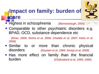 Impact on family: burden of care Highest in schizophrenia  (Barrowclough, 2005) Comparable to other psychiatric disorders e.g. BPAD, OCD, substance dependence etc  ( Kiran, 2004; Nehra et al, 2006; Chadda et al, 2007; Kalra et al, 2009) Similar to or more than chronic physical disorders  (Gautam et al, 1984; Sreeja et al, 2009) Has more effect on family than the financial burden  (Chakrabarti et al, 1999; 1995) 