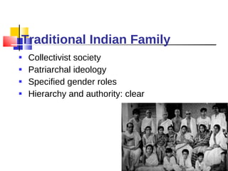 Traditional Indian Family Collectivist society Patriarchal ideology Specified gender roles Hierarchy and authority: clear 