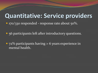 Quantitative: Service providers170/330 responded - response rate about 50%.56 participants left after introductory questions.72% participants having > 6 years experience in mental health. 