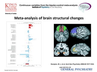 Copyright restrictions may apply. Kempton, M. J. et al. Arch Gen Psychiatry 2008;65:1017-1032. Continuous variables from the bipolar-control meta-analysis Meta-analysis of brain structural changes   