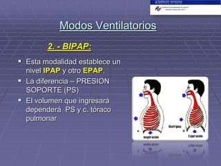 Modos Ventilatorios
2. - BIPAP:
 Esta modalidad establece un
nivel IPAP y otro EPAP.
 La diferencia – PRESION
SOPORTE (PS)
 El volumen que ingresará
dependerá PS y c. tóraco
pulmonar

 