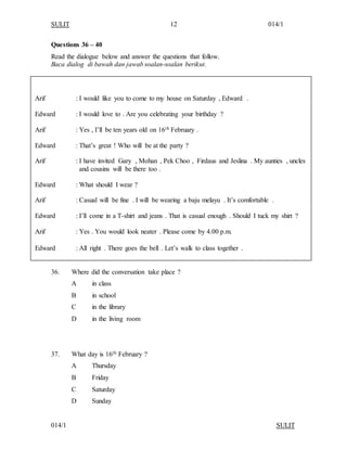 Kertas Ujian Bahasa Inggeris Tahun 4 KSSR Kertas 1