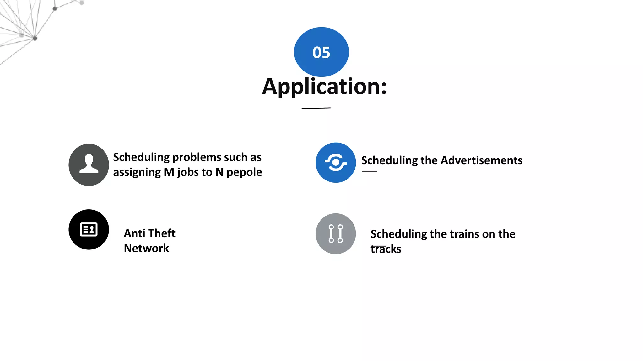 Scheduling the Advertisements
Anti Theft
Network
Scheduling the trains on the
tracks
Scheduling problems such as
assigning M jobs to N pepole
Application:
05
 