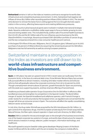 15Connected Risks: Investing in a Divergent World
Switzerland remains in 14th on the Index as investors continue to recognize its world-class
infrastructure and competitive business environment. In 2013, Switzerland had negative net
inflows of minus-$5.2 billion after recording positive inflows of $10.2 billion in 2012. The January
2015 decision to remove the Swiss franc’s ceiling against the Euro brought dramatic appre-
ciation in the currency, affecting Swiss exports and creating deflationary pressures.
In 2014, the country’s pharmaceutical giants were involved in multiple international strategic
deals. Novartis undertook a multibillion-dollar asset swap to focus on better growing its core
area and exiting weaker ones. This included the $5.4 billion sale of its animal health business to
the U.S.’s Eli Lilly and the $7.1 billion sale of its non-influenza vaccine business to the UK’s
GlaxoSmithKline. In exchange, Novartis purchased GSK’s $16 billion portfolio of cancer drugs,
and the two companies entered into a new consumer healthcare joint venture.
In the largest FDI inflow of the year, Walgreens, the U.S. drugstore giant, followed up on its 2012
purchase of 45 percent of Alliance Boots by acquiring the remaining 55 percent for $16 billion.
Walgreens now has full ownership as well as a strong European presence.
Switzerland maintains a strong position in
the Index as investors are still drawn to its
world-class infrastructure and compet-
itive business environment.
Spain, in 17th place, has seen an upward trend in FDI in recent years as it pulls away from the
economic brink. In the face of a national debt crisis, Prime Minister Mariano Rajoy has success-
fully pursued efforts to attract investors, including 2012 labor market reforms and 2015 tax
reforms that will gradually reduce the corporate income tax from 30 to 25 percent by 2016.
Though unemployment remains above 20 percent, growth forecasts for Spain are promising,
with the weak euro supporting exports, and low oil prices offering a financial boost.
Vodafone purchased cable operator Grupo Corporativo Ono for $10 billion in efforts to offer
bundled services and strengthen its competition in the Spanish market. The $3.62 billion
merger of Jazztel, the Spanish broadband and cellphone operator, with France’s Orange is
under review for an antitrust probe by the European Union, as regulators are concerned that the
merger will drive up consumer prices in Spain. The outcome will affect the rapidly consolidating
telecom sector across Europe.
In July 2014, the drug maker Almirall was acquired by the UK’s AstraZeneca for $2.1 billion, to
gain control of its respiratory drugs. And the European private equity firm Cinven acquired Gas
Natural Fenosa, the fiber-optic network operator in Spain and Latin America, for $697 million.
Sweden (18th) is ranked for the second straight year on the strength of its business environment,
one of the lowest corporate tax systems in Europe, and world-class infrastructure for research,
which attracts investors in energy, telecom, public transport, information technology, and
healthcare.
Microsoft agreed to acquire Swedish video game developer Mojang (creator of the block-
buster hit Minecraft) for $2.5 billion with the aim to bolster the company’s mobile efforts.
 