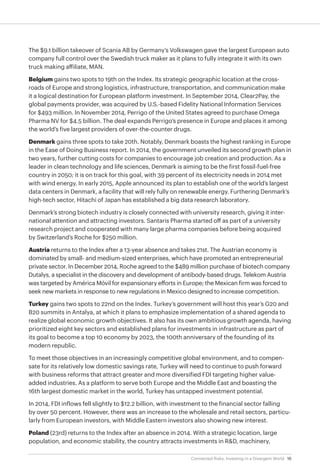 16Connected Risks: Investing in a Divergent World
The $9.1 billion takeover of Scania AB by Germany’s Volkswagen gave the largest European auto
company full control over the Swedish truck maker as it plans to fully integrate it with its own
truck making affiliate, MAN.
Belgium gains two spots to 19th on the Index. Its strategic geographic location at the cross-
roads of Europe and strong logistics, infrastructure, transportation, and communication make
it a logical destination for European platform investment. In September 2014, Clear2Pay, the
global payments provider, was acquired by U.S.-based Fidelity National Information Services
for $493 million. In November 2014, Perrigo of the United States agreed to purchase Omega
Pharma NV for $4.5 billion. The deal expands Perrigo’s presence in Europe and places it among
the world’s five largest providers of over-the-counter drugs.
Denmark gains three spots to take 20th. Notably, Denmark boasts the highest ranking in Europe
in the Ease of Doing Business report. In 2014, the government unveiled its second growth plan in
two years, further cutting costs for companies to encourage job creation and production. As a
leader in clean technology and life sciences, Denmark is aiming to be the first fossil-fuel-free
country in 2050; it is on track for this goal, with 39 percent of its electricity needs in 2014 met
with wind energy. In early 2015, Apple announced its plan to establish one of the world’s largest
data centers in Denmark, a facility that will rely fully on renewable energy. Furthering Denmark’s
high-tech sector, Hitachi of Japan has established a big data research laboratory.
Denmark’s strong biotech industry is closely connected with university research, giving it inter-
national attention and attracting investors. Santaris Pharma started off as part of a university
research project and cooperated with many large pharma companies before being acquired
by Switzerland’s Roche for $250 million.
Austria returns to the Index after a 13-year absence and takes 21st. The Austrian economy is
dominated by small- and medium-sized enterprises, which have promoted an entrepreneurial
private sector. In December 2014, Roche agreed to the $489 million purchase of biotech company
Dutalys, a specialist in the discovery and development of antibody-based drugs. Telekom Austria
was targeted by América Móvil for expansionary efforts in Europe; the Mexican firm was forced to
seek new markets in response to new regulations in Mexico designed to increase competition.
Turkey gains two spots to 22nd on the Index. Turkey’s government will host this year’s G20 and
B20 summits in Antalya, at which it plans to emphasize implementation of a shared agenda to
realize global economic growth objectives. It also has its own ambitious growth agenda, having
prioritized eight key sectors and established plans for investments in infrastructure as part of
its goal to become a top 10 economy by 2023, the 100th anniversary of the founding of its
modern republic.
To meet those objectives in an increasingly competitive global environment, and to compen-
sate for its relatively low domestic savings rate, Turkey will need to continue to push forward
with business reforms that attract greater and more diversified FDI targeting higher value-
added industries. As a platform to serve both Europe and the Middle East and boasting the
16th largest domestic market in the world, Turkey has untapped investment potential.
In 2014, FDI inflows fell slightly to $12.2 billion, with investment to the financial sector falling
by over 50 percent. However, there was an increase to the wholesale and retail sectors, particu-
larly from European investors, with Middle Eastern investors also showing new interest.
Poland (23rd) returns to the Index after an absence in 2014. With a strategic location, large
population, and economic stability, the country attracts investments in R&D, machinery,
 