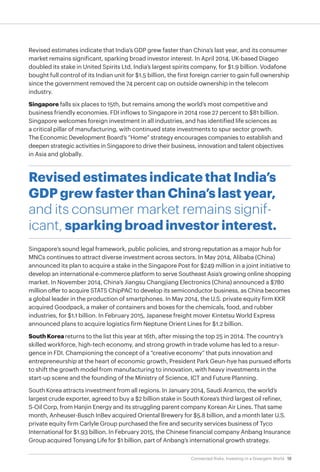 19Connected Risks: Investing in a Divergent World
Revised estimates indicate that India’s GDP grew faster than China’s last year, and its consumer
market remains significant, sparking broad investor interest. In April 2014, UK-based Diageo
doubled its stake in United Spirits Ltd, India’s largest spirits company, for $1.9 billion. Vodafone
bought full control of its Indian unit for $1.5 billion, the first foreign carrier to gain full ownership
since the government removed the 74 percent cap on outside ownership in the telecom
industry.
Singapore falls six places to 15th, but remains among the world’s most competitive and
business friendly economies. FDI inflows to Singapore in 2014 rose 27 percent to $81 billion.
Singapore welcomes foreign investment in all industries, and has identified life sciences as
a critical pillar of manufacturing, with continued state investments to spur sector growth.
The Economic Development Board’s “Home” strategy encourages companies to establish and
deepen strategic activities in Singapore to drive their business, innovation and talent objectives
in Asia and globally.
Revised estimates indicate that India’s
GDP grew faster than China’s last year,
and its consumer market remains signif-
icant, sparking broad investor interest.
Singapore’s sound legal framework, public policies, and strong reputation as a major hub for
MNCs continues to attract diverse investment across sectors. In May 2014, Alibaba (China)
announced its plan to acquire a stake in the Singapore Post for $249 million in a joint initiative to
develop an international e-commerce platform to serve Southeast Asia’s growing online shopping
market. In November 2014, China’s Jiangsu Changjiang Electronics (China) announced a $780
million offer to acquire STATS ChipPAC to develop its semiconductor business, as China becomes
a global leader in the production of smartphones. In May 2014, the U.S. private equity firm KKR
acquired Goodpack, a maker of containers and boxes for the chemicals, food, and rubber
industries, for $1.1 billion. In February 2015, Japanese freight mover Kintetsu World Express
announced plans to acquire logistics firm Neptune Orient Lines for $1.2 billion.
South Korea returns to the list this year at 16th, after missing the top 25 in 2014. The country’s
skilled workforce, high-tech economy, and strong growth in trade volume has led to a resur-
gence in FDI. Championing the concept of a “creative economy” that puts innovation and
entrepreneurship at the heart of economic growth, President Park Geun-hye has pursued efforts
to shift the growth model from manufacturing to innovation, with heavy investments in the
start-up scene and the founding of the Ministry of Science, ICT and Future Planning.
South Korea attracts investment from all regions. In January 2014, Saudi Aramco, the world’s
largest crude exporter, agreed to buy a $2 billion stake in South Korea’s third largest oil refiner,
S-Oil Corp, from Hanjin Energy and its struggling parent company Korean Air Lines. That same
month, Anheuser-Busch InBev acquired Oriental Brewery for $5.8 billion, and a month later U.S.
private equity firm Carlyle Group purchased the fire and security services business of Tyco
International for $1.93 billion. In February 2015, the Chinese financial company Anbang Insurance
Group acquired Tonyang Life for $1 billion, part of Anbang’s international growth strategy.
 