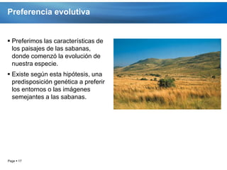 Preferencia evolutiva


 Preferimos las características de
  los paisajes de las sabanas,
  donde comenzó la evolución de
  nuestra especie.
 Existe según esta hipótesis, una
  predisposición genética a preferir
  los entornos o las imágenes
  semejantes a las sabanas.




Page  17
 