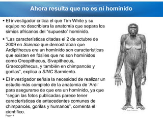 Ahora resulta que no es ni homínido
 El investigador critica el que Tim White y su
  equipo no describiera la anatomía que separa los
  simios africanos del “supuesto” homínido.
 “Las características citadas el 2 de octubre de
  2009 en Science que demostraban que
  Ardipithecus era un homínido son características
  que existen en fósiles que no son homínidos
  como Oreopithecus, Sivapithecus,
  Graecopithecus, y también en chimpancés y
  gorilas”, explica a SINC Sarmiento.
 El investigador señala la necesidad de realizar un
  estudio más completo de la anatomía de ‘Ardi’
  para asegurarse de que era un homínido, ya que
  “según las fotos publicadas parece tener
  características de antecedentes comunes de
  chimpancés, gorilas y humanos”, comenta el
  científico.
 Page  4
 