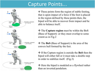 Capture Points...
 These points form the region of stable footing,

that is upon impact of a force if the foot is placed
in the region defined by these points then, the
biped will be able to recover from impact and be
able to balance itself.
 The Capture region must be within the BoS
(Base of Support) or they must overlap to some
extent as in Fig.2
 The BoS (Base of Support) is the area of the
convex hull formed by the feet.
 If the Capture region is outside the BoS then the
biped will either fall or it must take a double step
in order to stabilize itself. (Fig.3)

12/24/2013

 Here the biped is modeled as a flywheel rather
than an inverted pendulum.

 